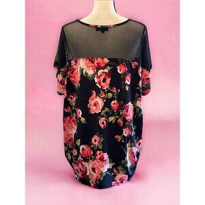 Love J Womens Sheer Blouse Size 3X Black Floral Print Roush Sides Short Sleeve